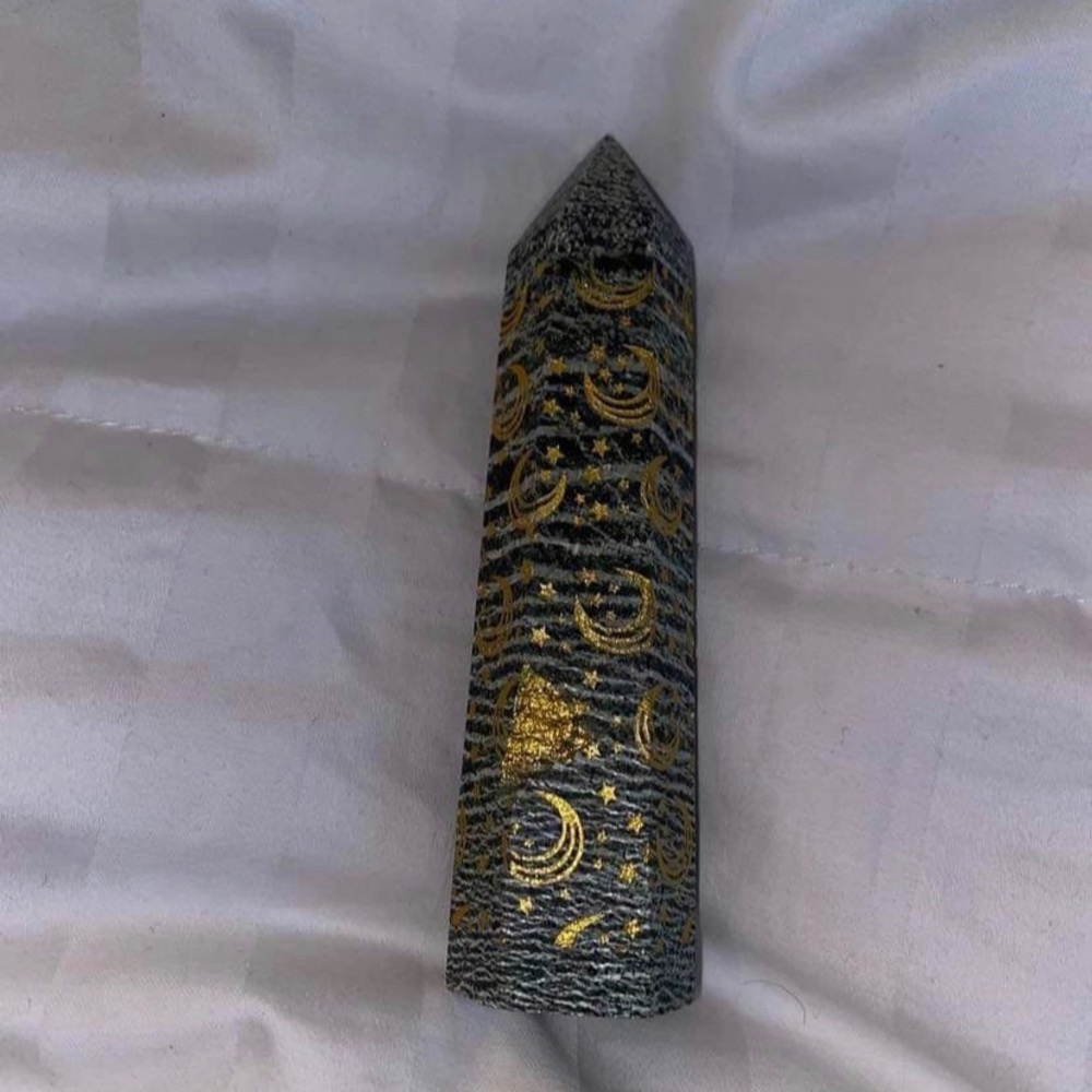 Green Zebra Jasper Tower with Gold Moon & Stars